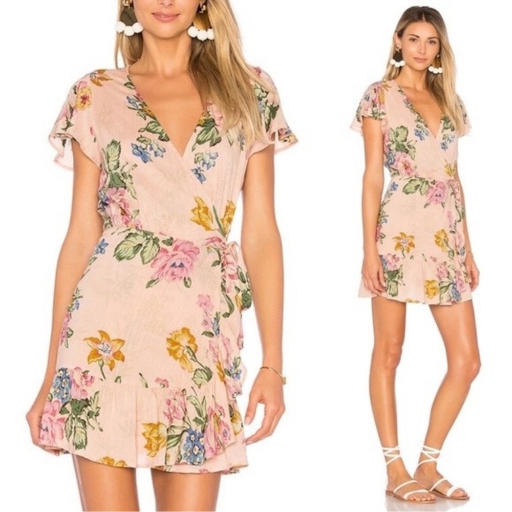 Auguste The Label Pink and Green Ruffled Wrap Sundress